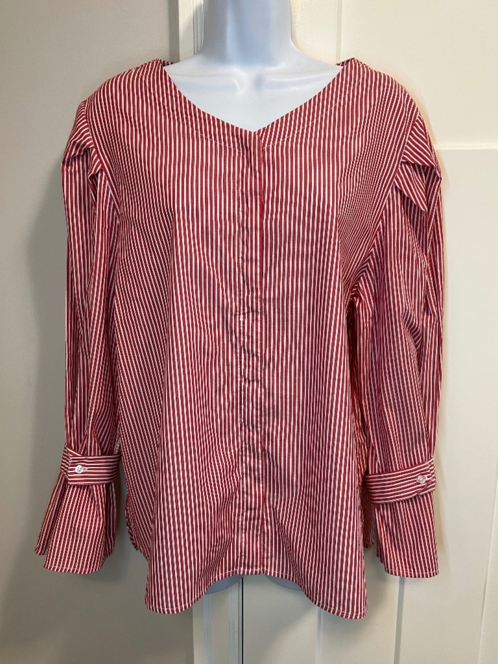 MANGO red and white vertically striped poplin Blouse Puffy sleeve Size M